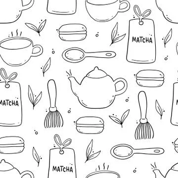 Seamless pattern of hand drawn matcha tea elements. Stock Illustration