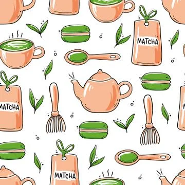 Seamless pattern of hand drawn matcha tea elements. Stock Illustration