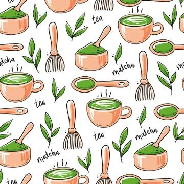 Seamless pattern of hand drawn matcha tea elements. Stock Illustration