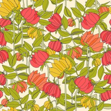 Seamless pattern with hand drawn meadow bold flowers. Colorful illustrations  Stock Illustration