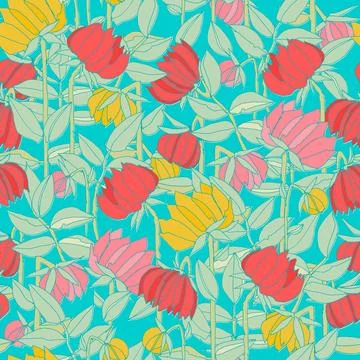 Seamless pattern with hand drawn meadow bold flowers. Colorful illustrations  Stock Illustration