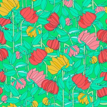 Seamless pattern with hand drawn meadow bold flowers. Colorful illustrations  Stock Illustration