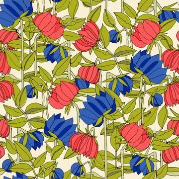 Seamless pattern with hand drawn meadow bold flowers. Colorful illustrations  Stock Illustration