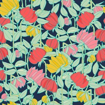 Seamless pattern with hand drawn meadow bold flowers. Colorful illustrations  스톡 일러스트