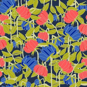 Seamless pattern with hand drawn meadow bold flowers. Colorful illustrations  스톡 일러스트