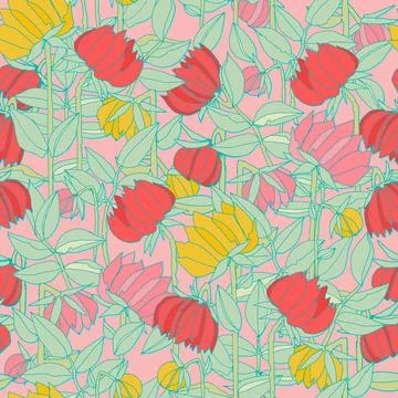 Seamless pattern with hand drawn meadow bold flowers. Colorful illustrations  Stock Illustration