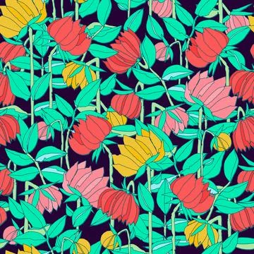 Seamless pattern with hand drawn meadow bold flowers. Colorful illustrations  Stock Illustration