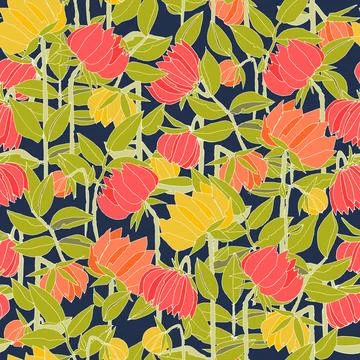 Seamless pattern with hand drawn meadow bold flowers. Colorful illustrations  Stock Illustration