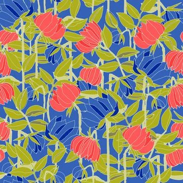 Seamless pattern with hand drawn meadow bold flowers. Colorful illustrations  Stock Illustration