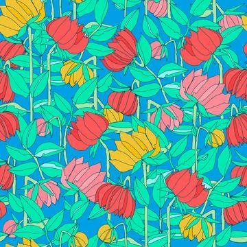 Seamless pattern with hand drawn meadow bold flowers. Colorful illustrations  Stock Illustration