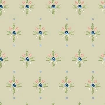 Seamless pattern with hand drawn meadow flowers. Floral Block Prints inspired 스톡 일러스트