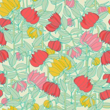Seamless pattern with hand drawn meadow bold flowers. Colorful illustrations  Stock Illustration