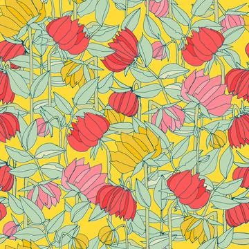Seamless pattern with hand drawn meadow bold flowers. Colorful illustrations  Stock Illustration