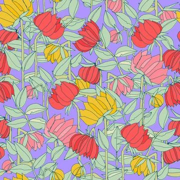 Seamless pattern with hand drawn meadow bold flowers. Colorful illustrations  Stock Illustration