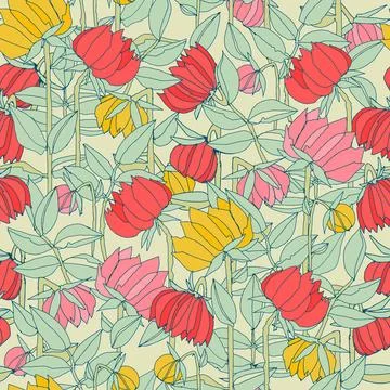 Seamless pattern with hand drawn meadow bold flowers. Colorful illustrations  Stock Illustration