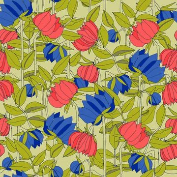 Seamless pattern with hand drawn meadow bold flowers. Colorful illustrations  스톡 일러스트