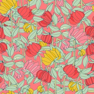 Seamless pattern with hand drawn meadow bold flowers. Colorful illustrations  Stock Illustration