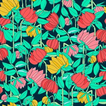 Seamless pattern with hand drawn meadow bold flowers. Colorful illustrations  Stock Illustration