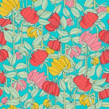 Seamless pattern with hand drawn meadow bold flowers. Colorful illustrations  Stock Illustration
