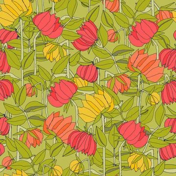 Seamless pattern with hand drawn meadow bold flowers. Colorful illustrations  Stock Illustration