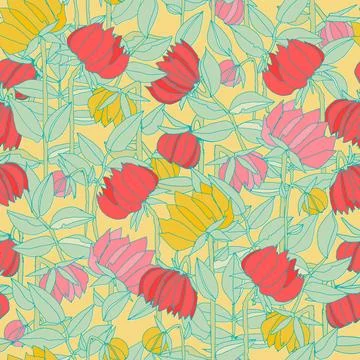 Seamless pattern with hand drawn meadow bold flowers. Colorful illustrations  Stock Illustration