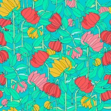 Seamless pattern with hand drawn meadow bold flowers. Colorful illustrations  Stock Illustration