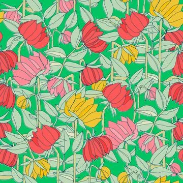 Seamless pattern with hand drawn meadow bold flowers. Colorful illustrations  Illustrazione stock