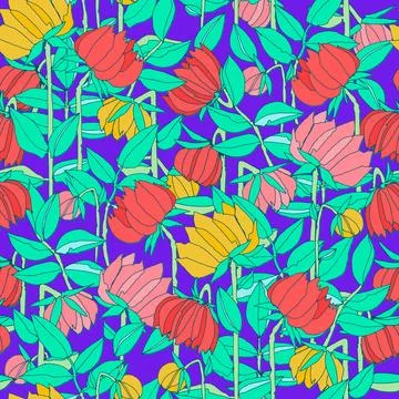 Seamless pattern with hand drawn meadow bold flowers. Colorful illustrations  Stock Illustration