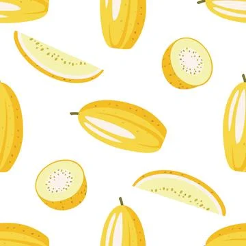 Seamless pattern with hand drawn melon, sliced and whole. Stock Illustration
