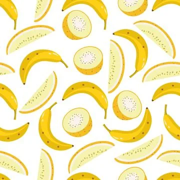 Seamless pattern with hand drawn melon and banana. Stock Illustration