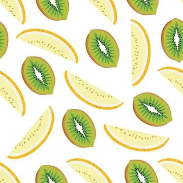 Seamless pattern with hand drawn melon and kiwi. Stock Illustration