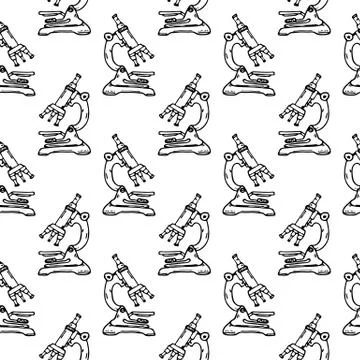 Seamless pattern hand drawn microscope. Doodle black sketch. Sign symbol. Dec Stock Illustration