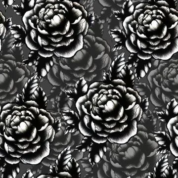 Seamless pattern with hand drawn monochrome flowers isolated on dark backgrou Stock Illustration