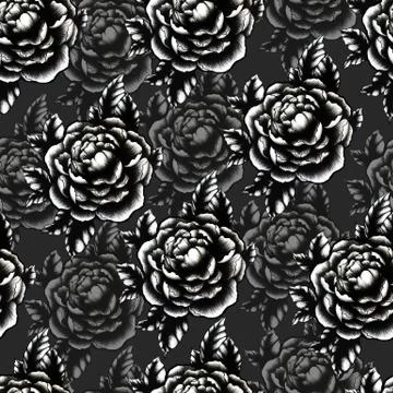 Seamless pattern with hand drawn monochrome flowers isolated on dark backgrou Stock Illustration