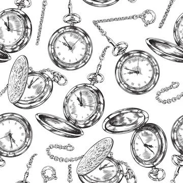Seamless pattern with hand drawn monochrome pocket watches on chain sketch style Stock Illustration