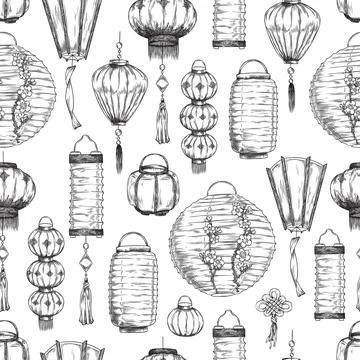 Seamless pattern with hand drawn monochrome Japanese lanterns Stock Illustration