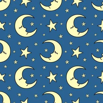 Seamless pattern of hand-drawn moons and stars. Vector background image for h Stock Illustration