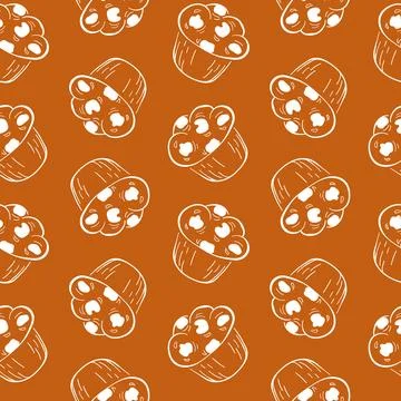 Seamless pattern of hand drawn muffin on brown background. Ideal for bakery Stock Illustration
