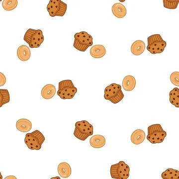 Seamless pattern with hand drawn muffins and bagels on white background. Stock Illustration
