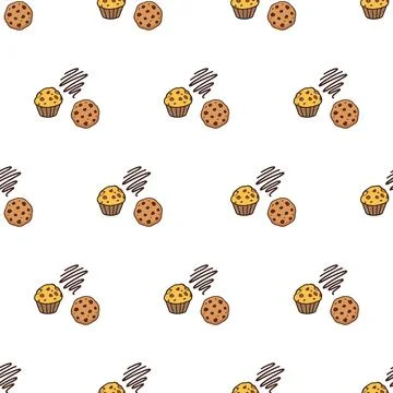 Seamless pattern with hand drawn muffins and chocolate chip cookies on whit.. Stock Illustration