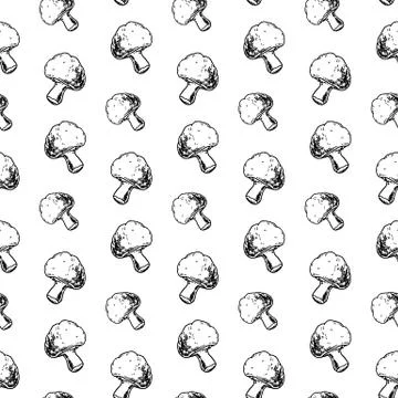 Seamless pattern hand drawn mushroom. Doodle black sketch. Sign symbol. Decor Stock Illustration