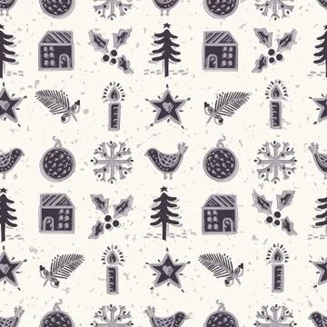 Seamless pattern. Hand drawn naive Christmas candle star, fir, tree, robin bird Stock Illustration