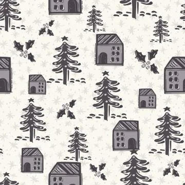 Seamless pattern. Hand drawn naive Christmas candle star, fir, tree, robin bird Stock Illustration