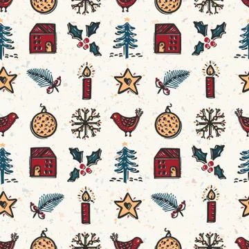 Seamless pattern. Hand drawn naive Christmas candle star, fir, tree, robin bird Stock Illustration