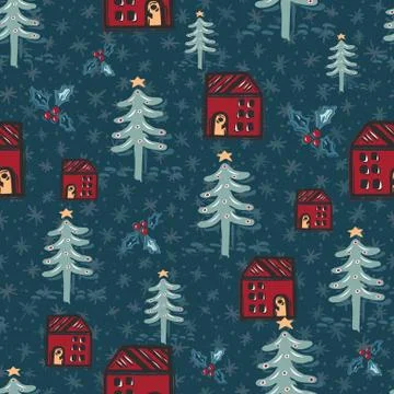 Seamless pattern. Hand drawn naive Christmas star fir tree, house in the woods Stock Illustration
