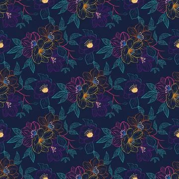 Seamless pattern with hand-drawn. Neon-outlined colorful flowers Illustrazione stock