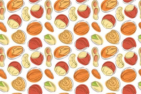 Seamless pattern of hand drawn nuts peanut, walnut, almond, pistachio, cashew Stock Illustration