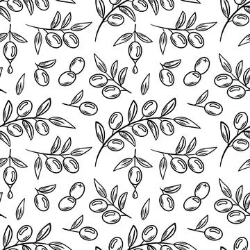 A seamless pattern of hand-drawn olives and leaves, showcasing a charming sketch Stock Illustration