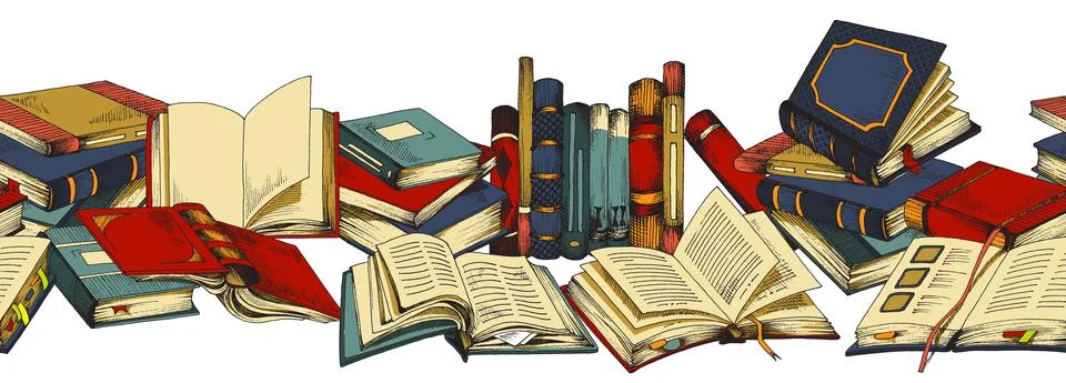 Seamless pattern with hand drawn opened, closed books in colored sketch style Stock Illustration