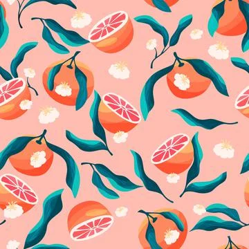 Seamless pattern with hand drawn oranges and floral elements. Illustrazione stock